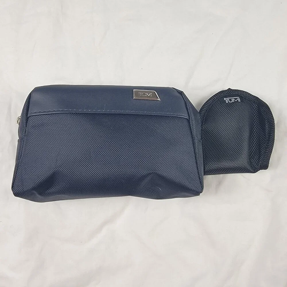 Tumi For Delta Travel Toiletry Bag Case Set Navy Blue Nylon With Eye Mask